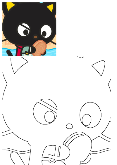 A playful black cartoon cat with yellow ears, holding a cookie in its mouth, depicted in both colored and outline versions for fun.