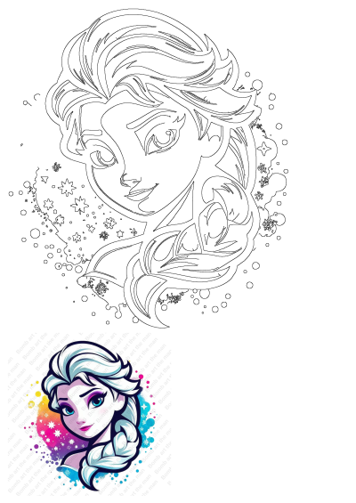 Vibrant Elsa from Frozen in a colorful artwork illustration with braided hair and a splash background, plus a detailed outline drawing.