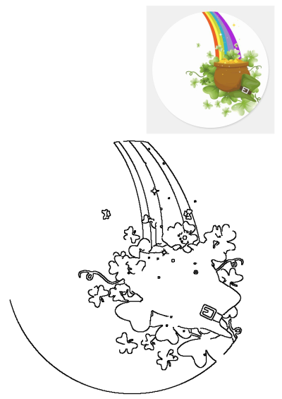 Vibrant St. Patrick's Day illustration with a rainbow, pot of gold, lucky shamrocks, and a leprechaun's green hat.