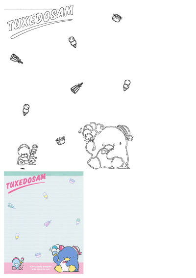 Tuxedosam advertisement showcasing cute penguin characters enjoying various ice cream treats, set against a delightful lined background.