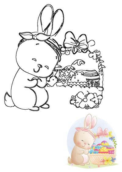 A cute Easter bunny illustration, wearing a bow, smiling next to a basket overflowing with colorful painted eggs and spring flowers.