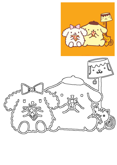 Sanrio Pompompurin, Milk, and a cat at a pizza party with a pudding lamp. Includes an outline version for coloring.