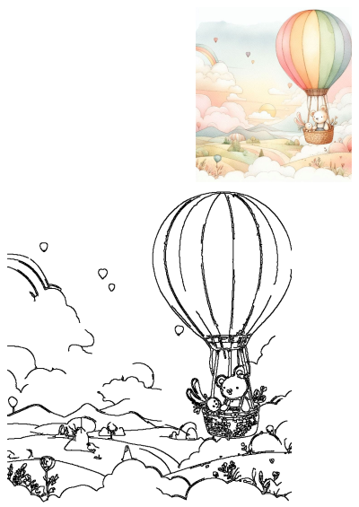 A charming watercolor hot air balloon floats in a sky with a rainbow. A cute bear and bunny ride inside, overlooking a picturesque landscape.