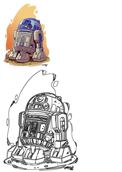 A charming cartoon R2-D2 droid from Star Wars, vividly colored blue and grey, resting on the ground, with its detailed line art.