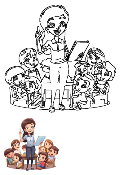 A cheerful cartoon teacher instructs a diverse group of smiling students in a classroom, pointing and holding a book.