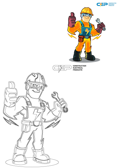 Vibrant cartoon electrical worker in hard hat and overalls, holding a wrench, giving a thumbs up, for CEP Construction Electrical Products.