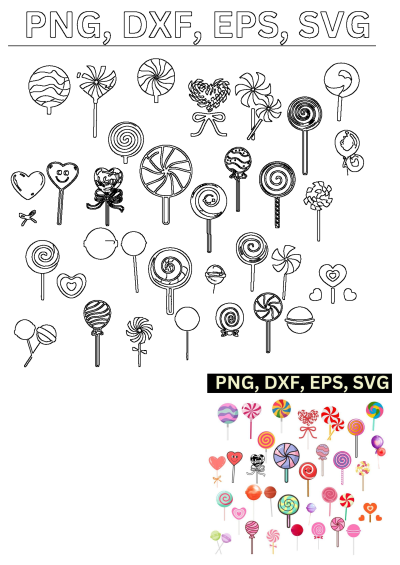 Assortment of candy lollipops, featuring vector outlines for various shapes and colorful, sweet illustrations.