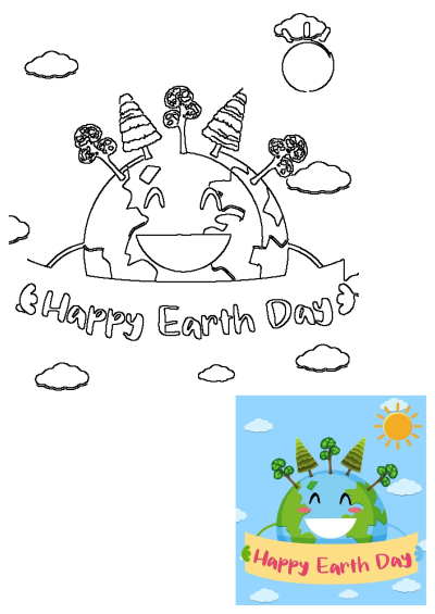 A vibrant cartoon illustration showing a happy Earth planet with lush trees, clouds, and a sun, holding a 'Happy Earth Day' banner.