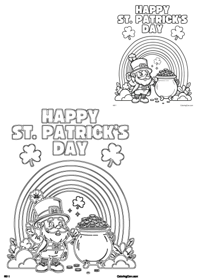 Celebrate St. Patrick's Day with this drawing featuring a cheerful leprechaun, a rainbow, shamrocks, and a pot of gold coins.