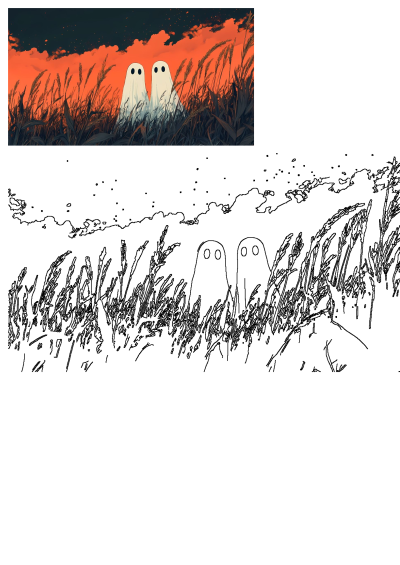 Two friendly Halloween ghosts peek from a lush grassy field under a vibrant orange and dark evening sky, perfect for autumn.