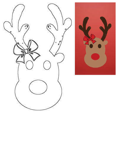 Cute Christmas reindeer head template with antlers and bow, alongside a colorful illustration of a brown reindeer with a red nose, ideal for crafts.