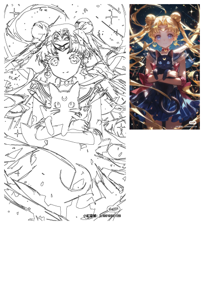 Sailor Moon, the iconic anime character, holding her black cat Luna amidst a starry night sky with dazzling gold streamers.