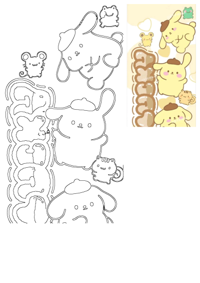 A cute cartoon animals love image featuring Pompompurin, a mouse, frog, and cat surrounded by hearts on a soft yellow background.