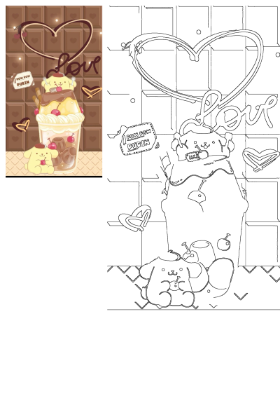 A delightful Pom Pom Purin dessert sundae with chocolate, cherries, and two cute characters, set on a loving chocolate bar background with hearts.