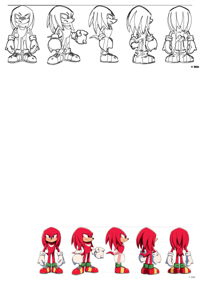 Knuckles the Echidna character sheet from Sonic the Hedgehog, showing various poses and angles in both line art and full color.