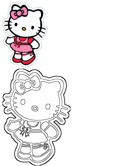 Hello Kitty character smiling in a pink polka dot dress and red shoes, with a separate outline drawing for creative activities.