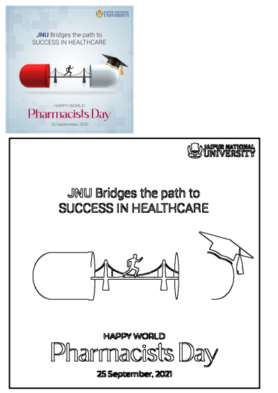 Jaipur National University celebrates Pharmacists Day 2021, depicting success in healthcare with a runner crossing a capsule bridge.