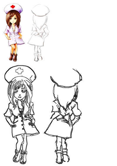Cute cartoon nurse character design, showing front and back views. Features a colored illustration with a stethoscope and outline sketches.
