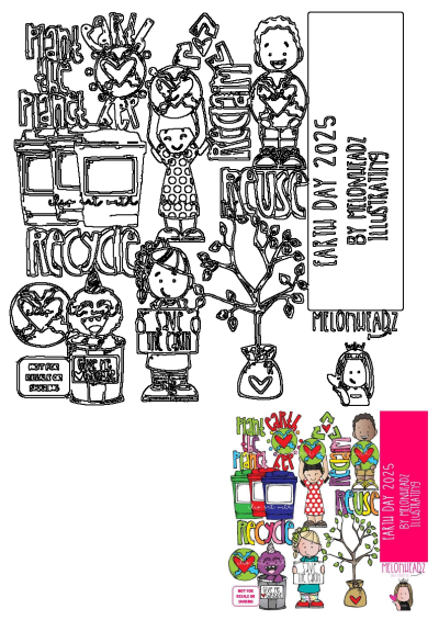 Earth Day 2025 clip art set with kids encouraging recycling, reusing, and planting. Features both outline and colored environmental themes.