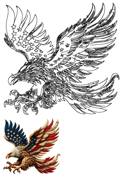 Patriotic American eagle design with powerful wings adorned in vibrant red, white, and blue stars and stripes, symbolizing freedom.