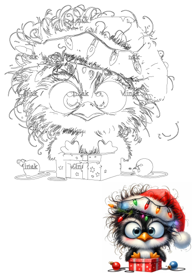 Adorable fluffy penguin wearing a Santa hat with colorful Christmas lights, sitting on a red gift box, perfect for holiday joy.