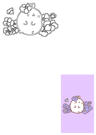 Cute Molang rabbit illustration adorned with vibrant purple violets, set against a soft violet background.