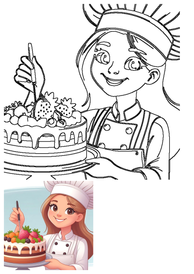 A smiling cartoon woman chef in uniform holds a delicious strawberry and blueberry cake. She is ready to serve her fruit-topped creation.