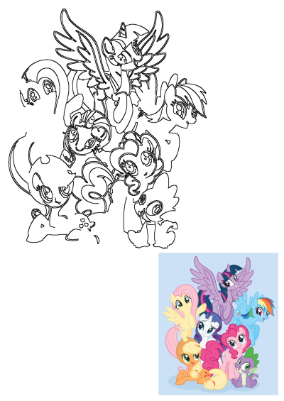 My Little Pony Friendship Group Cartoon Characters line art with a full-color reference of Twilight Sparkle, Pinkie Pie, Rainbow Dash, and friends.