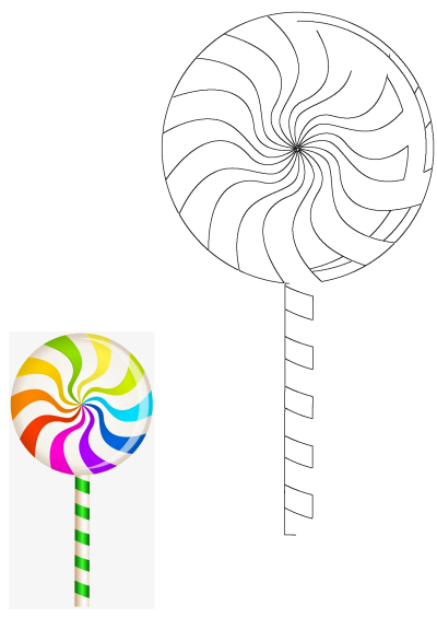 A vibrant, swirled colorful lollipop candy sweet treat with a striped stick, shown alongside its black and white outline.