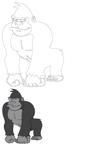 Cartoon gorilla illustration of an angry ape character with a scowling face, shown as a gray illustration and a black outline.