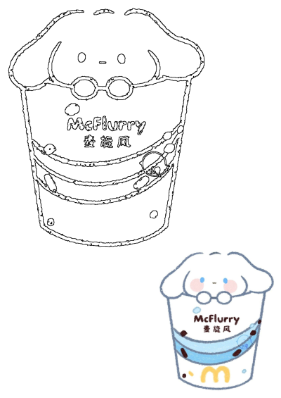 A cute Cinnamoroll-like character design for a McDonald's McFlurry cup. Features an outline and a colored illustration with the M logo.