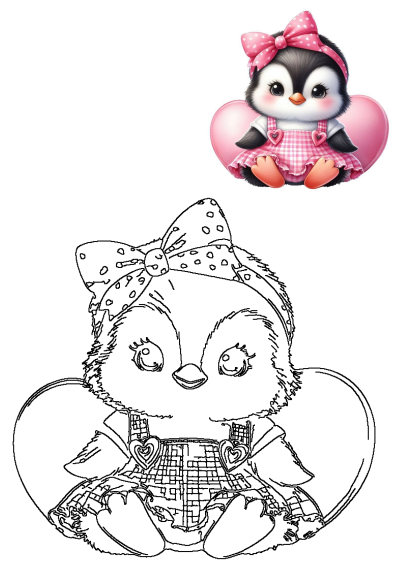 This image features a cute penguin with a pink bow and dress sitting on a pink heart, both as a vibrant illustration and a ready-to-color outline.