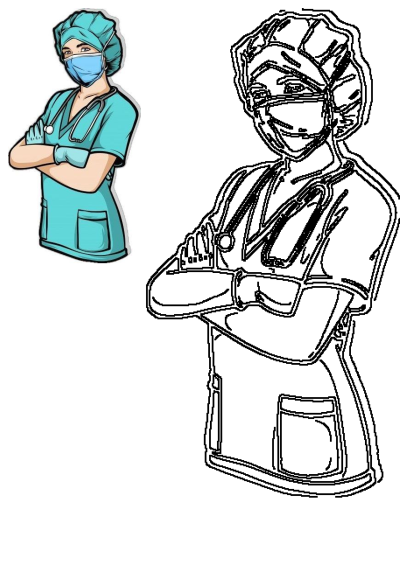 A cartoon female nurse wearing a medical mask, teal scrubs, and a stethoscope, standing with arms crossed.