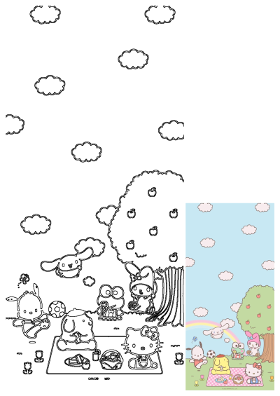 Cute Sanrio characters, Hello Kitty and friends, enjoy a picnic under an apple tree with a colorful rainbow and snacks.