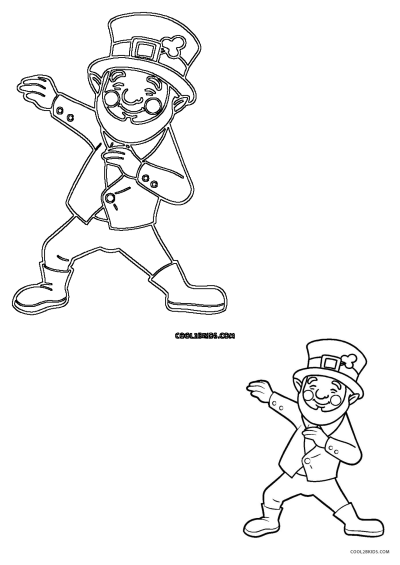 Whimsical outline featuring two dancing leprechauns in top hats with shamrocks, perfect for St. Patrick's Day coloring activities.