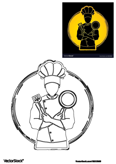 A stylized chef in uniform with a hat, holding a spatula and frying pan. Features a yellow & black kitchen logo and a black outline drawing.