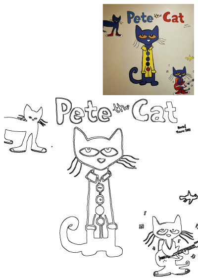 Colorful Pete the Cat wall art featuring characters and outline drawings, ideal for a child's room decor.