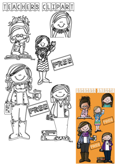 Vibrant and outlined teachers clipart featuring women and girls holding 'FREE' signs, books, and coffee on an orange background.