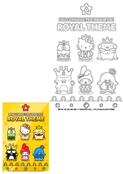 Hello Kitty Royal Theme Characters Update featuring Keroppi, Pompompurin, Badtz-Maru, My Melody, and Tuxedosam in royal attire.