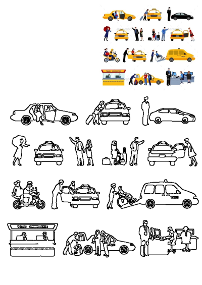 Flat illustrations showing various taxi service transportation scenarios: passengers, drivers, luggage, hailing, wheelchair access, and dispatch.
