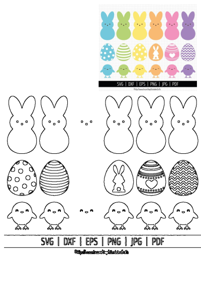A collection of colorful Easter bunny, chick, and patterned egg cliparts, presented with matching outline templates for crafts.