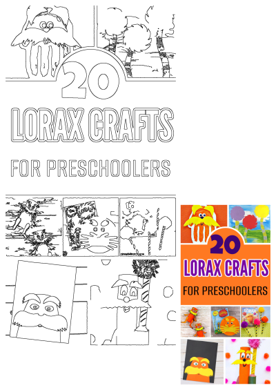 Discover 20 fun Lorax crafts for preschoolers! This image showcases colorful activities like Lorax faces and Truffula trees.