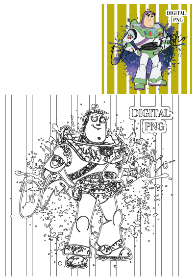 Digital PNG of Buzz Lightyear from Toy Story, featuring his autographed glitter suit, blue paint splatters on a yellow striped background. Includes a black outline version.