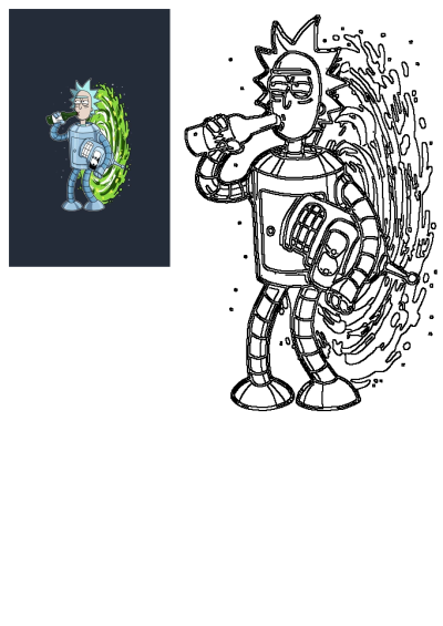 Rick Sanchez dressed as Bender from Futurama, a cartoon character, drinks from a bottle near a green portal. Includes outline.