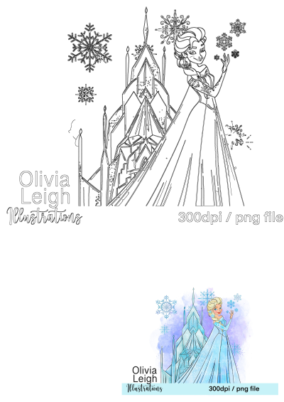 An illustration featuring Princess Elsa from Frozen with her magnificent ice castle and magical snowflakes, in both line art and watercolor styles.