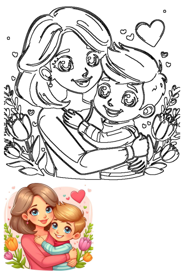 Loving cartoon mother and child hug amidst flowers and hearts. Features both a vibrant colored illustration and a black-and-white outline.