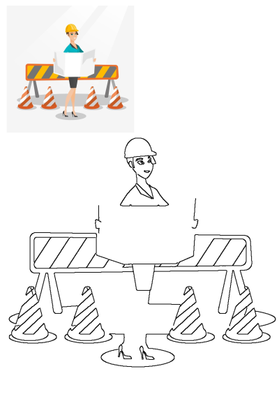 A woman engineer in a yellow hard hat smiles while intently reading a blueprint at a construction site with traffic cones and barriers.