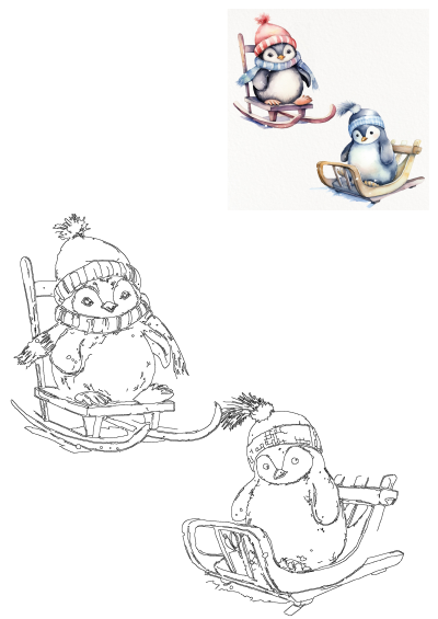 Cute watercolor penguins wearing hats and scarves, sledding and on a rocking chair in a cozy winter scene. Includes outline versions.