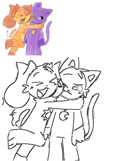 Vibrant cartoon drawing of an orange cat excitedly hugging a purple cat, depicting a heartwarming friendship scene.