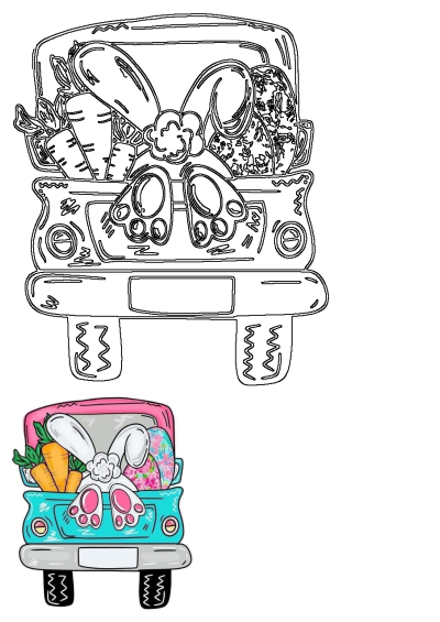 Whimsical illustration of an Easter bunny's ears and paws peeking from a vintage truck bed filled with carrots and decorative eggs.